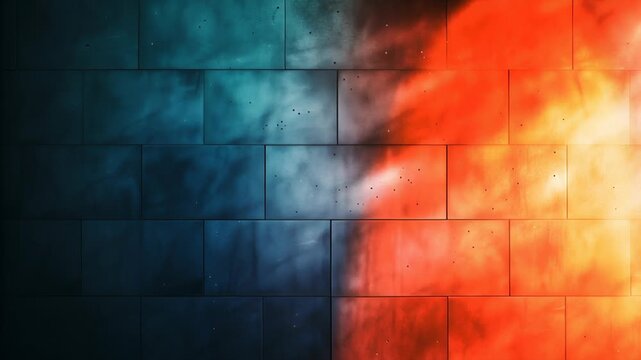 Orange light leak effect on blue concrete wall concept. Abstract colorful smoke texture on dark brick wall background with red and blue lighting effect