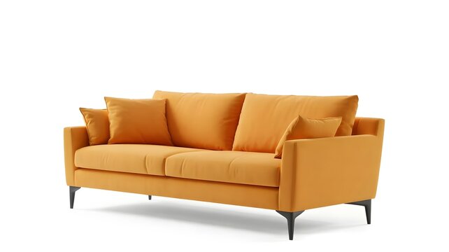 Modern orange sofa, mustard yellow couch, velvet furniture, living room decor