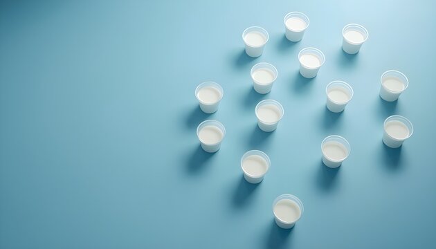   
Minimalist arrangement of white plastic cups with milk on blue background forming geometric triangular pattern highlighting simplicity