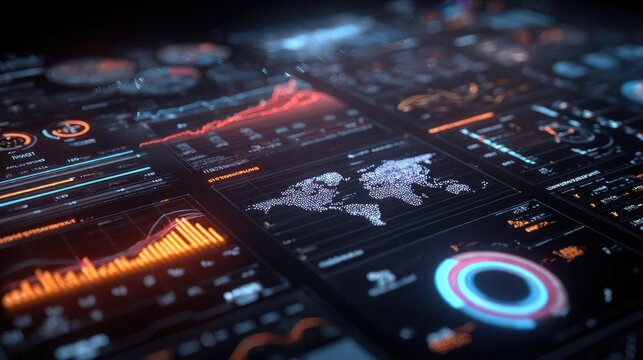 Futuristic Data Visualization Interface Featuring Global Maps, Graphs, and Analytical Insights for Business Intelligence and Technology Applications