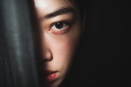 暗いカーテンから覗く少女をクローズアップで