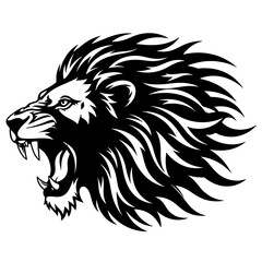 Obraz premium Roaring Lion: The powerful silhouette of a lion's head, captured in stark black and white, roaring with untamed ferocity and majestic presence.