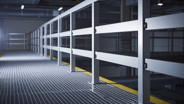 Wide catwalk with safety guard rails in a modern industrial interior