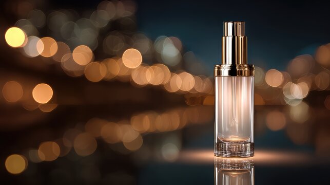 Elegant perfume bottle with soft lighting on a reflective surface, surrounded by warm bokeh lights in an urban night setting, highlighting beauty and luxury.