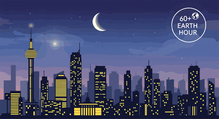 A cityscape at night with a crescent moon © Davida