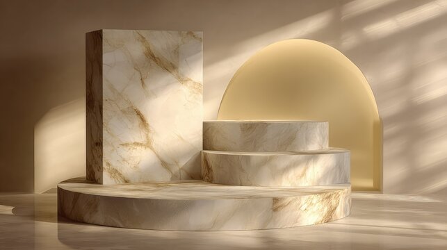 Elegant Marble Display with Soft Lighting and Unique Shapes in Minimalist Interior Setting for Artistic Presentations and Product Showcases