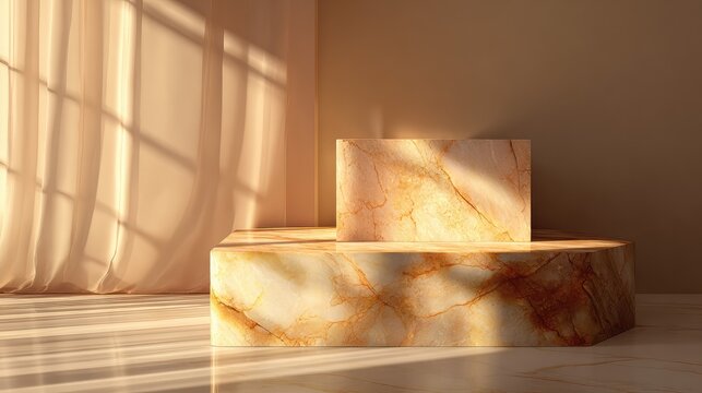 Elegant marble display pedestal set in a sunlit interior with soft fabric drapery creating a serene and sophisticated atmosphere for product showcase