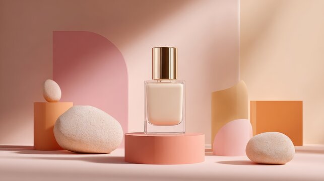 Elegant Minimalist Beauty Product Display Featuring a Bottle, Soft Pastel Colors, Geometric Shapes, and Natural Elements on a Stylish Background