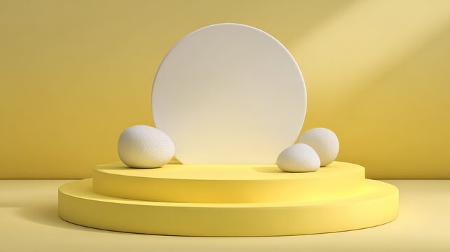 Minimalist Display with Geometric Shapes and Eggs on a Yellow Background for Creative and Artistic Visions in Modern Design Concepts