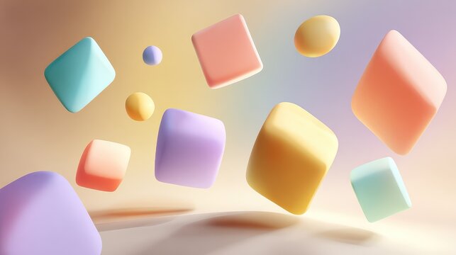 Abstract Composition of Colorful Geometric Shapes Floating in Air, Showcasing Modern Aesthetic in Soft Pastel Tones for Creative Design Projects and Backgrounds