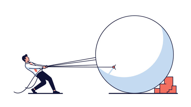 Businessman exerts great effort to pull a massive white sphere with ropes while standing against a pile of red blocks.