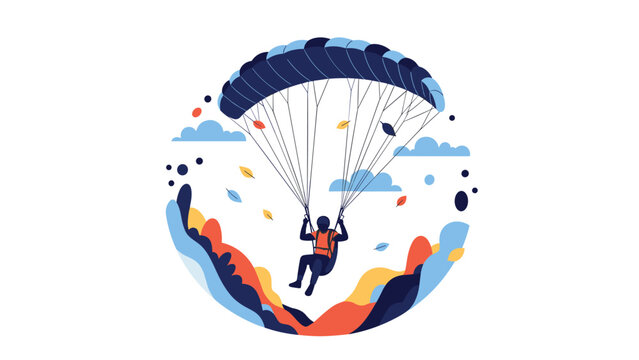 Skydiver descending with a parachute inside a circular frame decorated with autumn leaves and abstract clouds in the sky.
