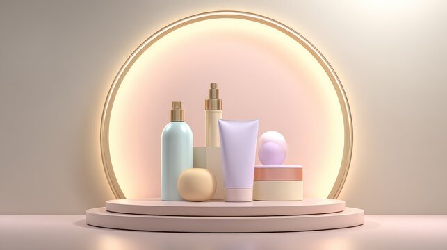 Elegant Display of Skincare and Beauty Products with Soft Lighting, Featuring Bottles and Jars on a Round Pedestal Against a Minimalist Background