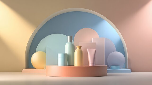 Soft Pastel Display of Beauty Products with Geometric Shapes and Light Play in a Minimalist Setting for Modern Aesthetics and Marketing Visuals
