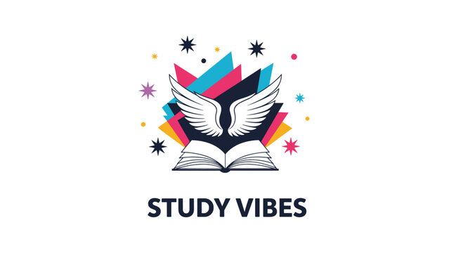 Creative logo design featuring an open book with white wings and surrounding stars above the text study vibes for education.