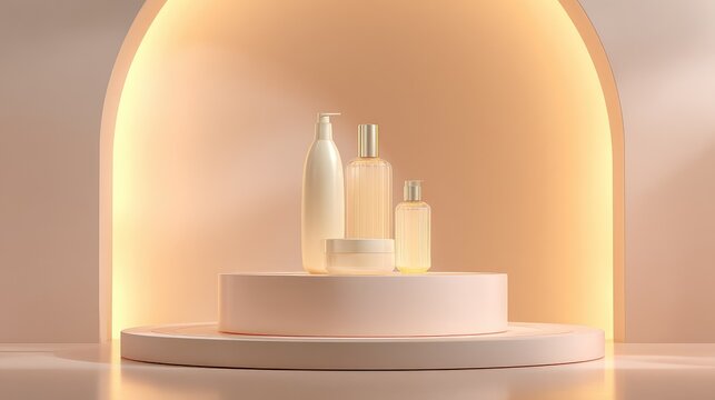 Elegant Display of Skincare Bottles and Jars in Soft Lighting, Highlighting Minimalist Aesthetics and Modern Design for Beauty and Wellness Industry