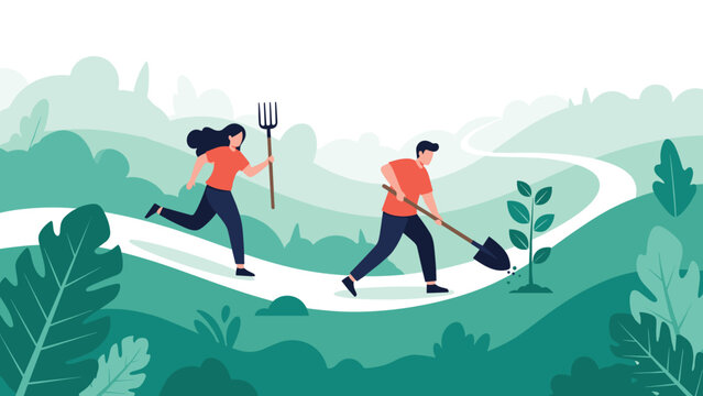 Happy couple gardening together on winding path through lush green hills using shovel and pitchfork to plant new tree sapling in nature.