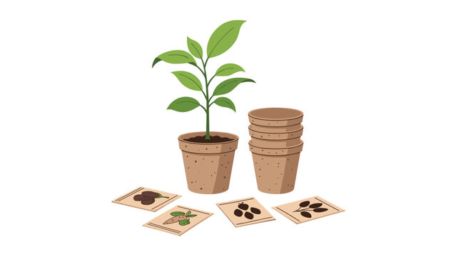 Young green plant growing in biodegradable pot next to stack of pots and vegetable seed packets for garden planning and planting.