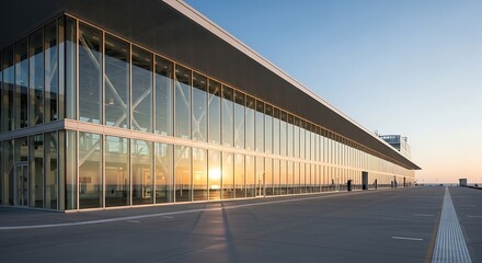 Fototapeta premium Modern glass facade building exterior at sunset with long shadows and reflective windows showcasing contemporary architecture and urban design