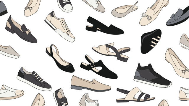 Seamless pattern of various stylish shoes including sneakers, loafers, flats, and sandals for footwear fashion and retail design.