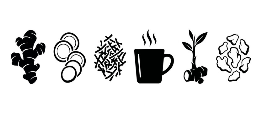 Ginger Root Icon Set, Sliced and Grated Fresh Ginger, Hot Tea Cup, Plant and Chopped Pieces, Vector Black Silhouette Graphic Collection for Culinary, Healthy Diet, Organic Food and Herbal Medicine Des