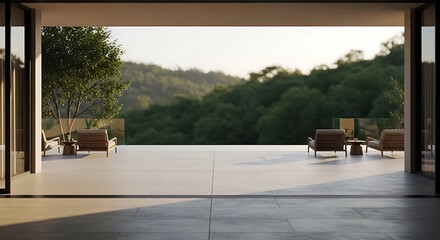 Obraz premium Modern luxury villa balcony with infinity pool overlooking lush green forest and mountains at sunset serene outdoor living space