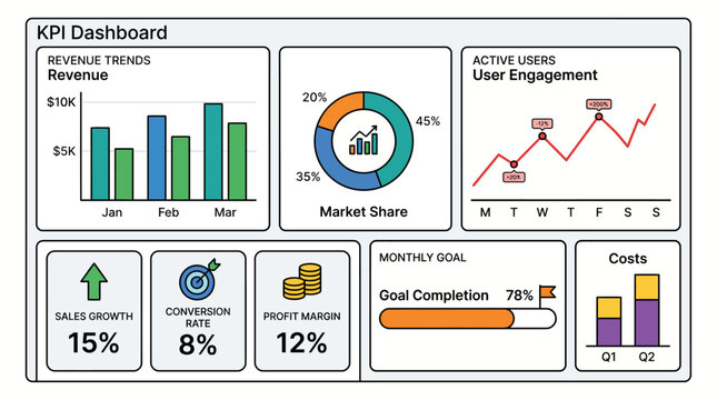 KPI dashboard with revenue trends market share and user engagement graphs