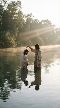 Jesus Christ baptizing a man in the Jordan river. Religious scene depicting the sacrament of baptism. Biblical historical re-enactment of spiritual rebirth and faith in Christianity.