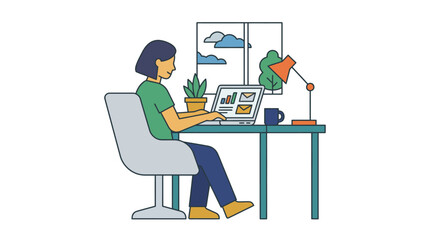 Fototapeta premium woman working on laptop at desk with plant and lamp
