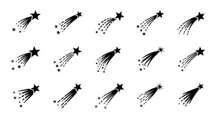 Collection of shooting star icons, black on white background, vector illustration © punduh