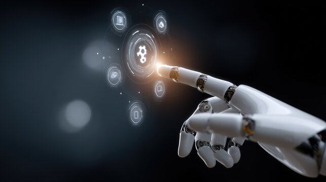 Futuristic Robot Hand Interacting with Interface, Showcasing Digital Technology and Artificial Intelligence Concepts in a Modern Environment