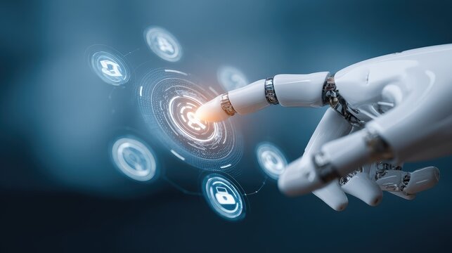 Futuristic robotic hand interacting with digital interface, showcasing advanced technology and innovation in automation, artificial intelligence, and user engagement.