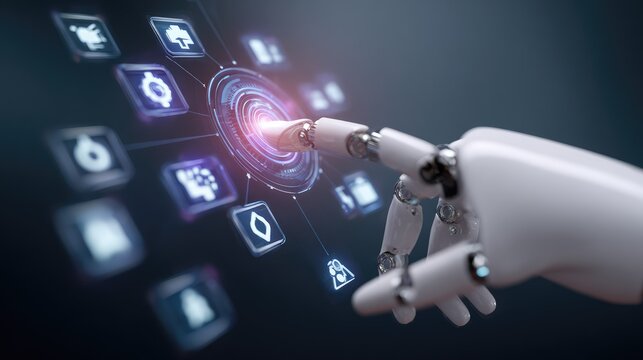 Futuristic Robotic Hand Interacting with Digital Interface Icons Illustrating Technology, Innovation, and Automation Concepts for Stock Photo Use