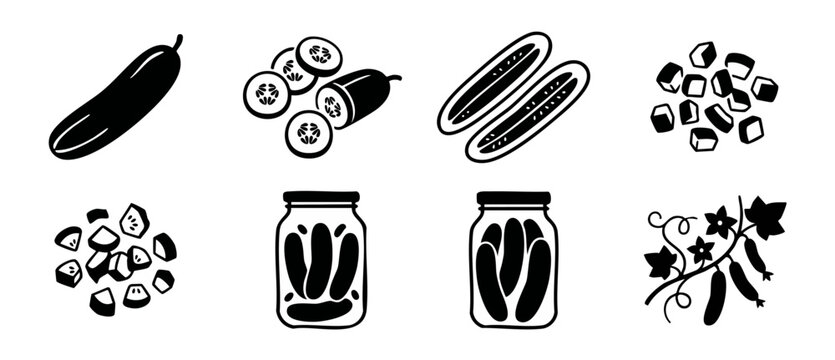 Cucumber Icons Set, Pickles in Jar and Fresh Vegetable Slices. Vector graphic black silhouette collection of garden produce, sliced gherkin, chopped pieces and vine with leaves for food design project