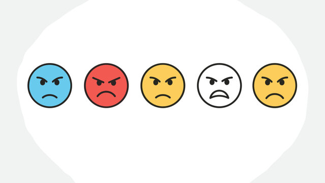 Set of five colorful angry face icons represents different levels of emotional frustration or negative customer feedback.