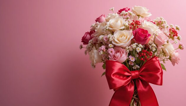 Romantic floral bouquet in red vase with roses daisies and blossoms against pink background with heart decorations symbolizing love celebration and cheerful atmosphere