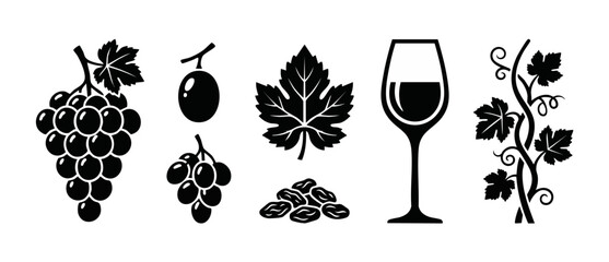 Naklejka premium Grapes wine glass leaf icons set - vector illustration of vineyard elements, bunch of grapes, vine branch, and raisins in minimalist black silhouette style for winery branding and restaurant design.