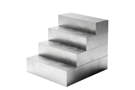 Metallic stepped blocks like podium in minimal style isolated on white background, symbolizing progress and structure conceptually
