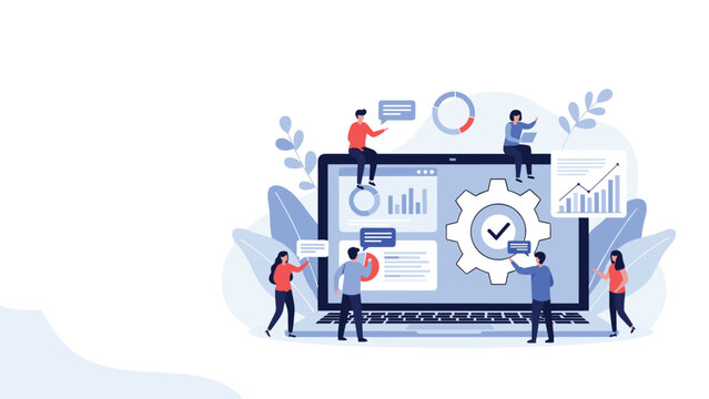 Collaborative team works on a large laptop screen to analyze data charts, gears, and progress reports for business optimization.