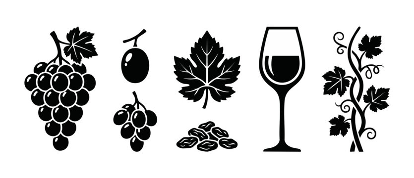 Grapes wine glass leaf icons set - vector illustration of vineyard elements, bunch of grapes, vine branch, and raisins in minimalist black silhouette style for winery branding and restaurant design.