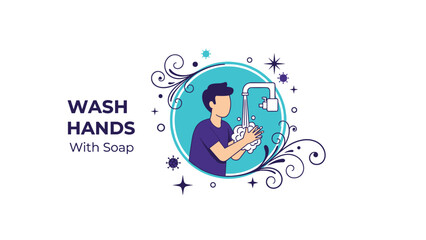 Fototapeta premium Circular health icon shows a person washing their hands under a faucet with soap bubbles to promote hygiene and prevent the spread of germs.