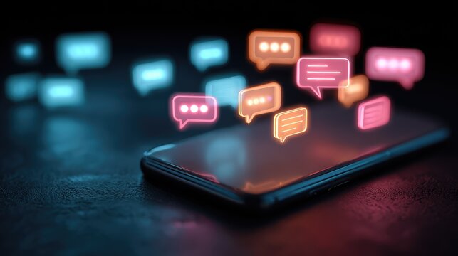 Modern smartphones displaying colorful notification icons above the screen, illustrating digital communication in a dark environment with vibrant colors and glowing effects