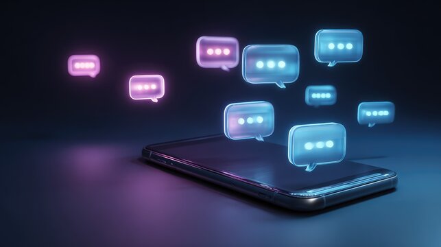 Futuristic Smartphone with Floating Chat Bubbles Representing Communication and Technology Innovations for Digital Conversations and Social Interaction