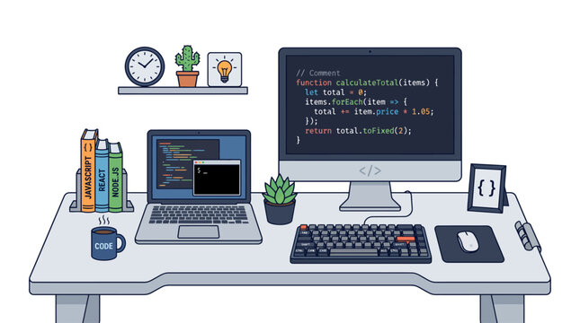 programmer workspace with computer and laptop coding software