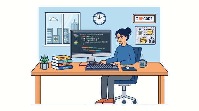 programmer coding at desk with computer and books