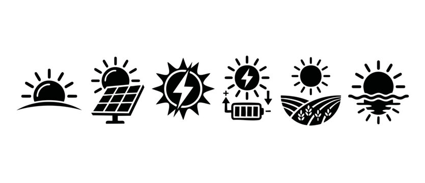Solar Energy Icons Set, Renewable Power Symbols for Sustainability, Clean Electricity Icons for Eco Projects, Sun and Panel Pictograms for Green Technology Infrastructure and Sustainable Development P