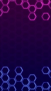 abstract neon lights blue pink hexa shapes animation,glowing hexagone technology and science futuristic blank vertical social media motion background
