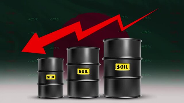 Oil Price Drop with Bangladesh Flag and Falling Crude Barrel Chart