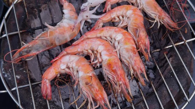 Fresh Prawns Grilling on Charcoal BBQ Grill, Close-Up Outdoor Cooking