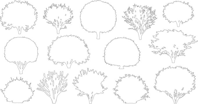 Minimalist tree outline icons set, architectural landscape plant symbols, 13 thin line vector tree silhouettes for site plans and diagrams
